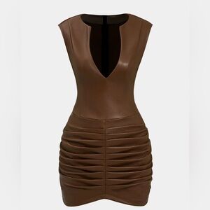 Micas Ruched Faux Leather V-Neck Bodycon Mini Dress